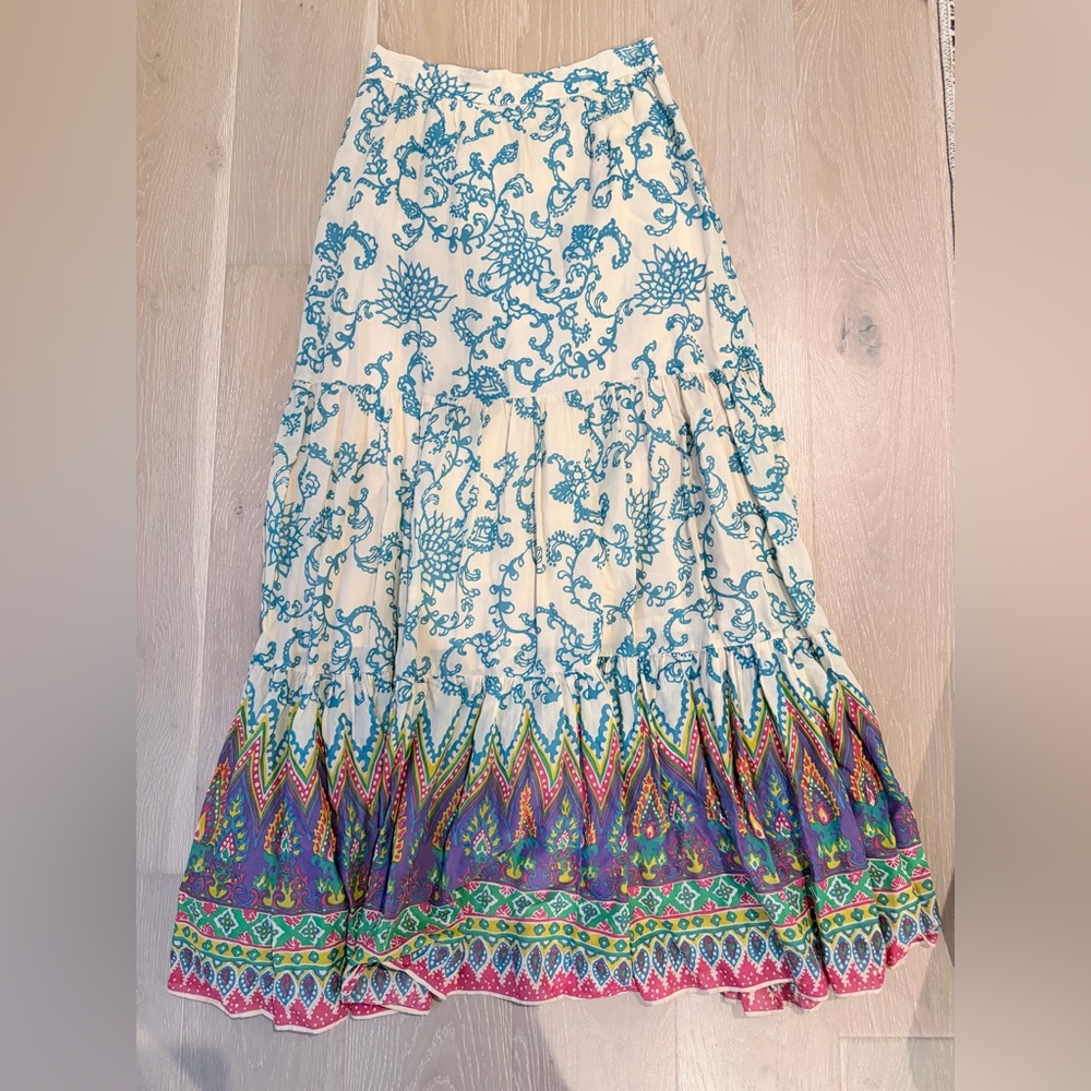 Free People Beige and Turquoise Floral Maxi Skirt with Colorful Hem
